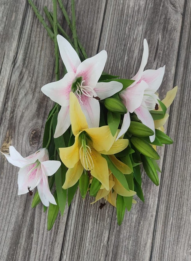 AntranStore 7 Pcs Artificial Lily Flowers Artificial Lilies Flowers for Home Wedding Bouquets Home Hotel Party Decor Graves Arrangement (Yellow,Light Pink) - Image 2